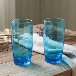 Set Of (2) CRISTAR AMADEUS COOLER GLASSES SKY BLUE TUMBLERS 16 Oz